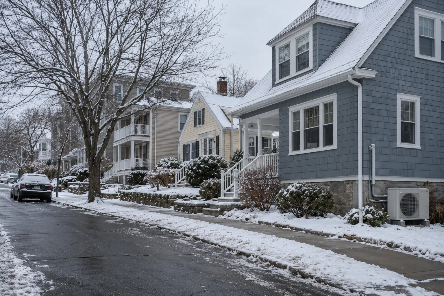 Older homes and winter snow typical of Jersey City